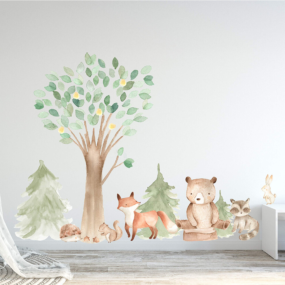 Innovativestencils Woodland Watercolor Wall Decal Oak Pine Tree Animal Creatures - Bear Fox Raccoon Rabbit Squirrel Porcupine Fabric Nursery Deca Innovatieve Sjablonen