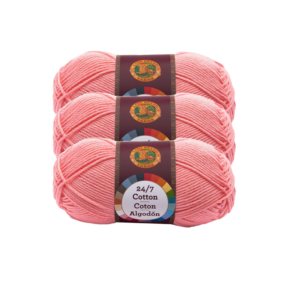 Lion Brand 24/7 Cotton Yarn  Yarn for Knitting  Crocheting  and Crafts  Pink  3 Pack