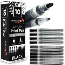 ArtShip Design 10 Canetas de Tinta Acrílica Preta, Pacote Duplo com Ponta Fina e Média, para Pintura em Pedra, Caneca, Cerâmica, Vidro