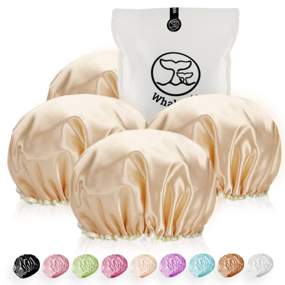 Whalelife Golden Shower Cap For Women Reusable Extra Large Shower Cap For Men 4 Pack Large Satin Double Layer Eva Waterproof Long Hair Cap