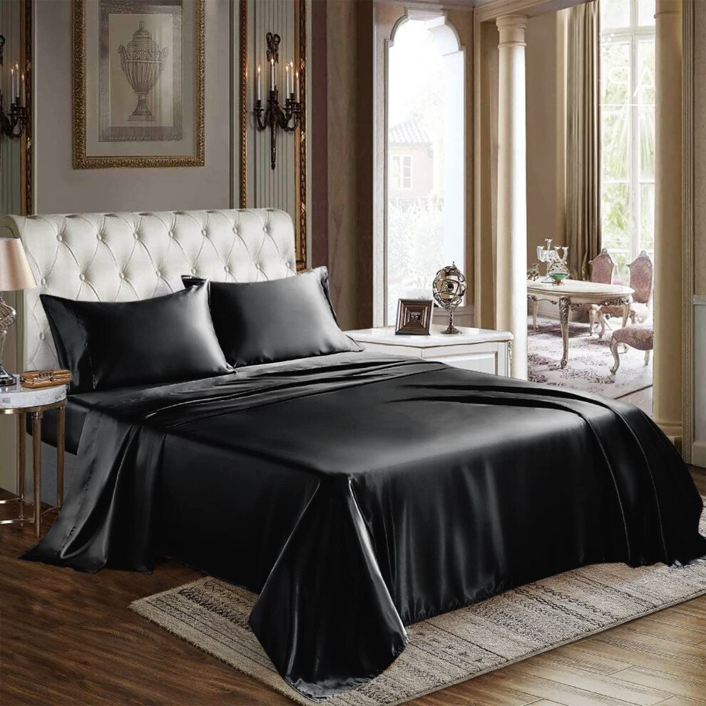 Draps en satin CozyLux King Size - Parure de lit noire 4 pi   ces avec microfibre soyeuse   : 1 drap-housse     poche profonde, 1 drap plat et 2 taies