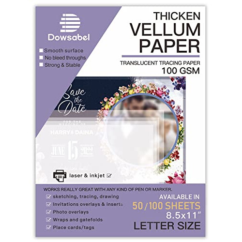 Papel Vellum Translúcido, Dowsabel 68LBS 8.5 x 11 polegadas para Convites, Sobreposições, Lanternas, 50 Folhas