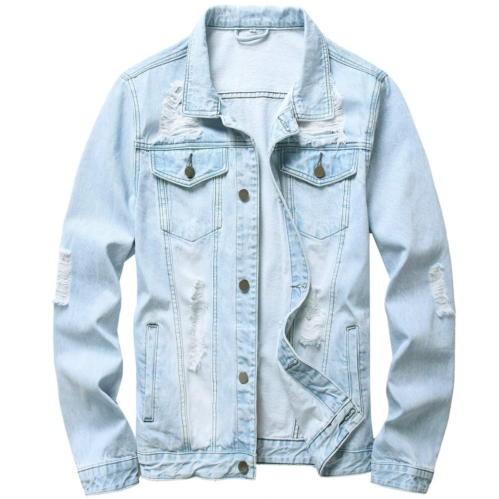 Veste en jean slim d?chir?e pour homme, grande taille, bleu clair-02