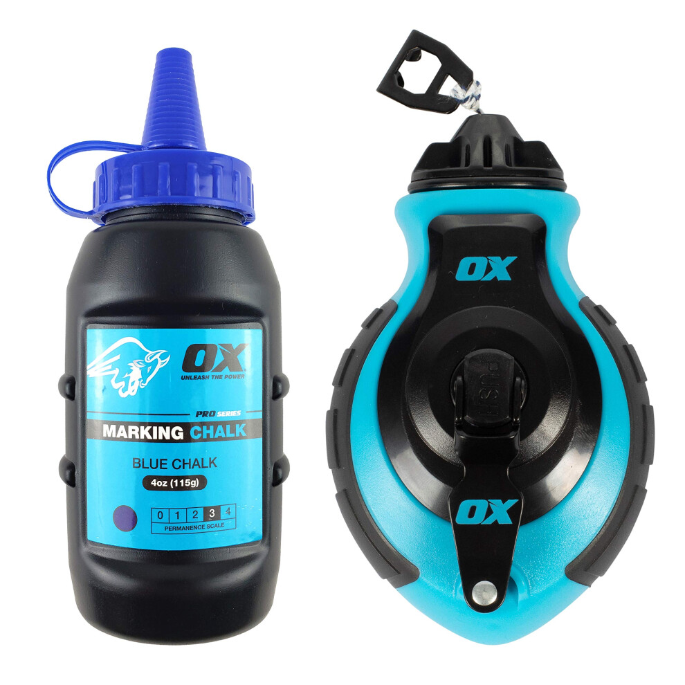 OX Tools Professional Chalk Line Reel & Chalk Powder Combo Pack  6-to-1 gear ratio  100' 8 Strand Strong compact chalk line and Blue Chalk Powder | P5