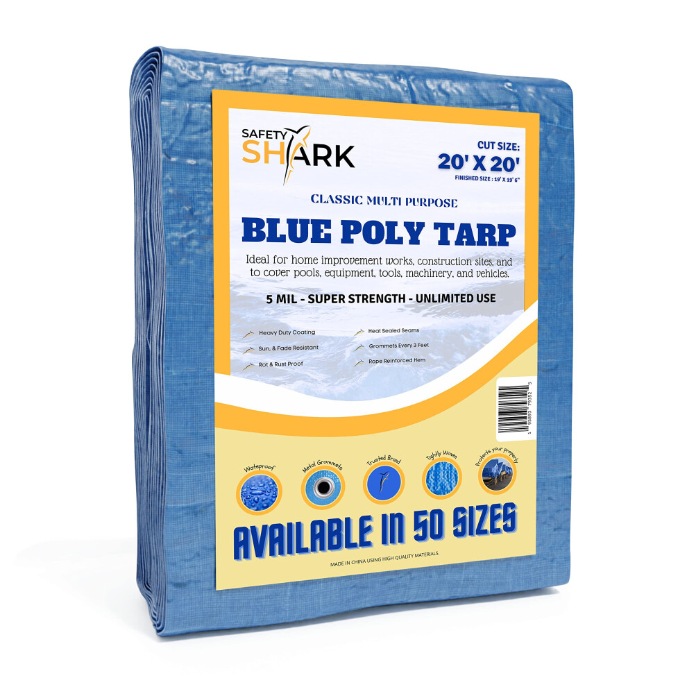 Safety-Shark Tarps Heavy Duty Waterproof - 20x20 Feet - 5 Mil Thick Poly  Classic Heavy Duty Tarp for Outdoor Weather Protection  Camping  or Pool Cov