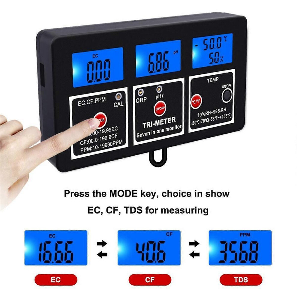 7 in 1 Water Quality Tester Multi-Function EC/TDS//PH/ORP/Humidity/TEMP Meter for Swimming Pool, Fish Pond US Plug