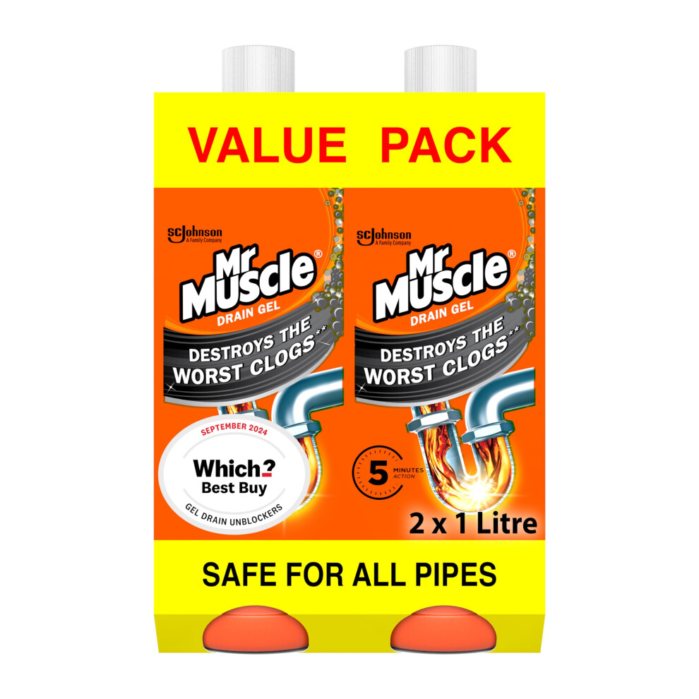 Mr Muscle Drain Unblocker, Sink & Drain Cleaner, Fast Acting Heavy Duty Gel Formula, 3x Better Than Bleach, Safe for All Pipes, Duo Pack, (2 x 1L)