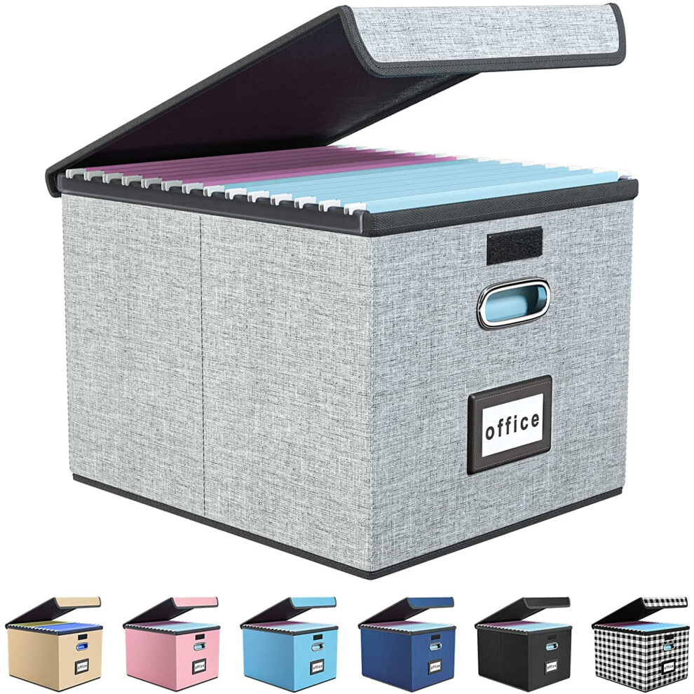 Huolewa Upgraded Portable File Organizer Box with Lid with Plastic Slide Decorative Collapsible Linen Hanging Home/Office Filing System Box for File