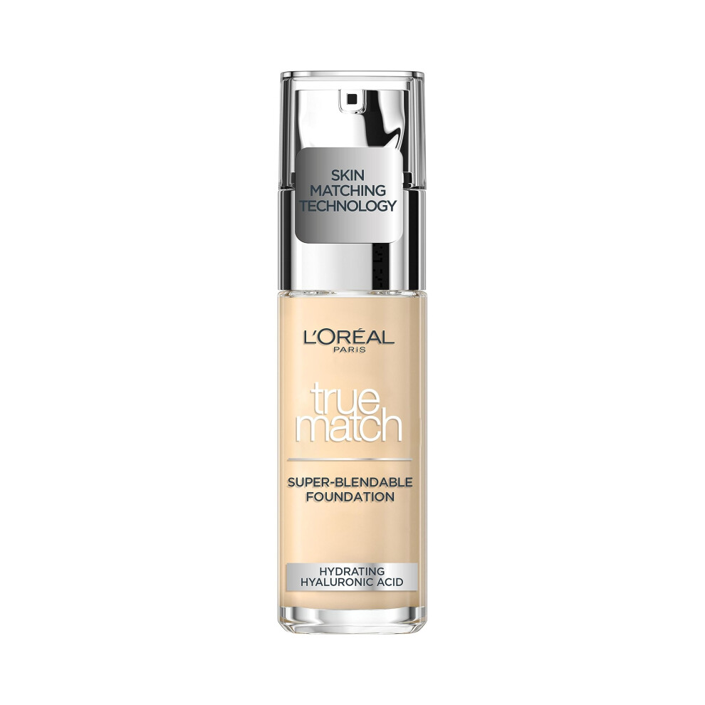 LOreal Paris True Match Liquid Foundation, Skincare Infused with Hyaluronic Acid, SPF 16, Available in 46 Shades, 0.5N, 30 ml