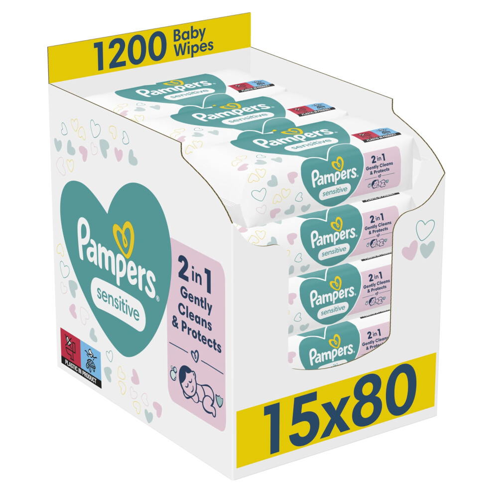 Sensitive Baby Wipes 15 Packs Of 80 = 1200 Baby Wet Wipes, Unscented, For A Soft And Gentle Clean Pampers