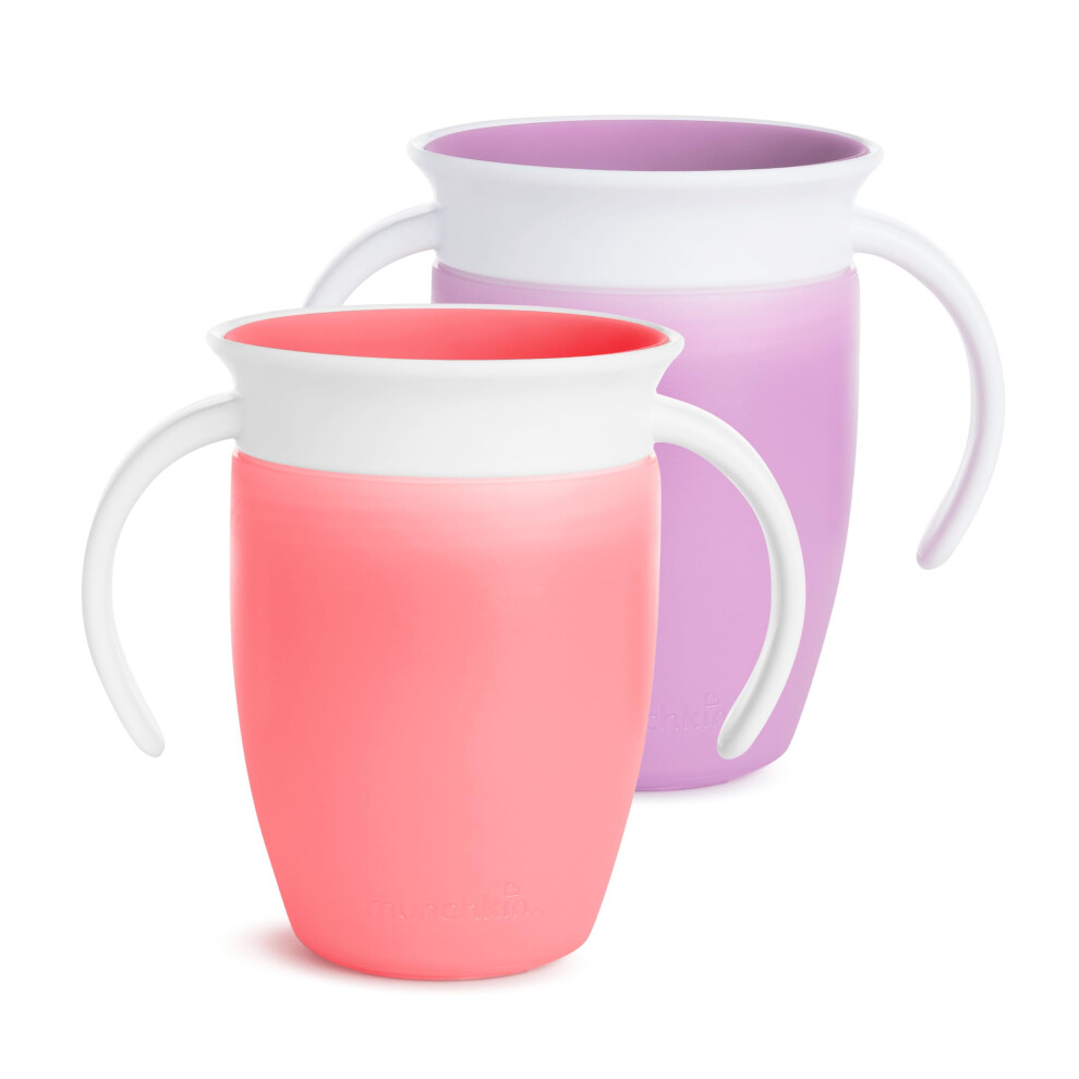 Munchkin Miracle 360 Sippy Trainer Toddler BPA Free Baby & Toddler Cups Baby Leakproof 6+ Months | 7oz/207 ml | 2 Pack |Pink/Purple
