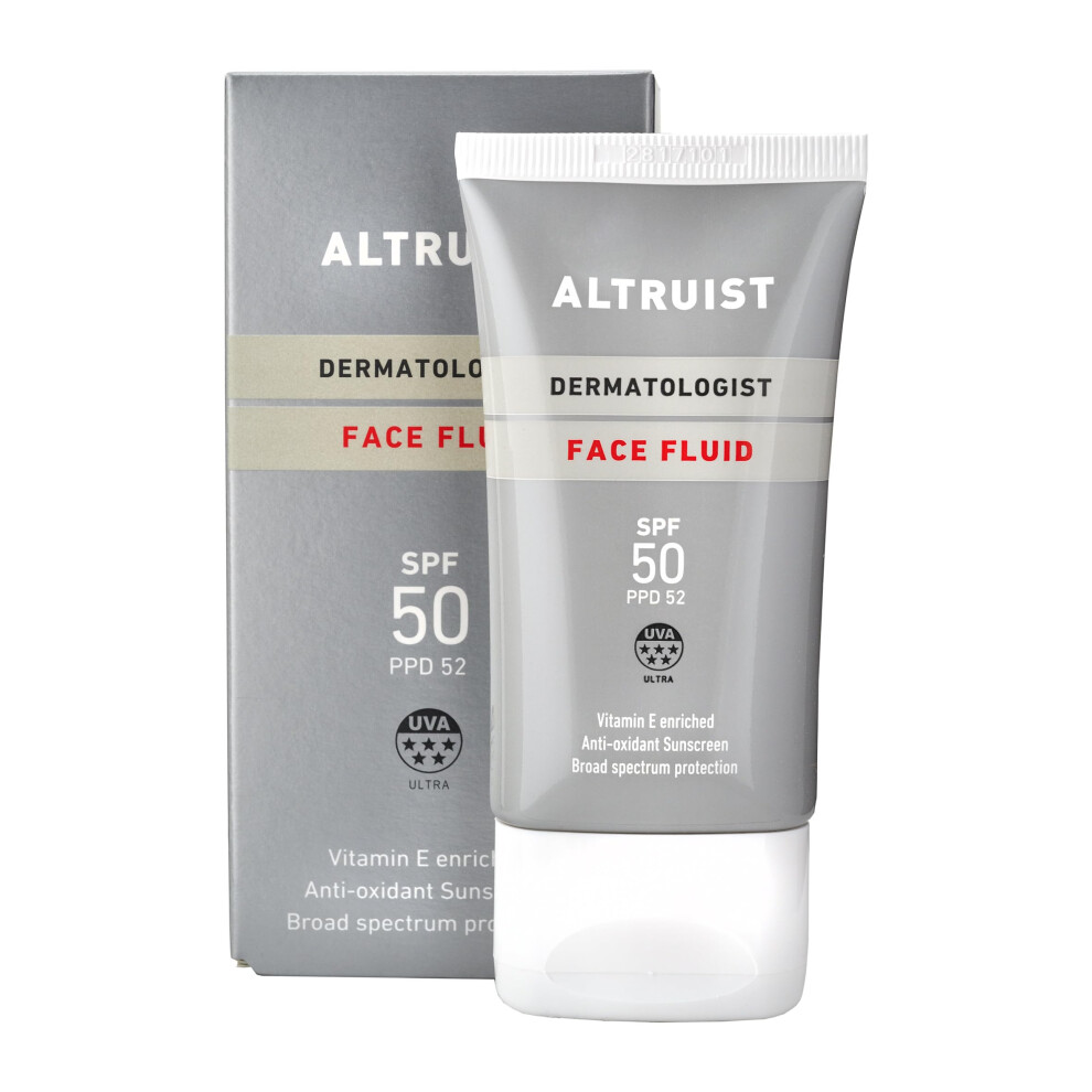 Altruist Dermatologist Sunscreen Fluid SPF – Superior 5star UVA face protection by Dr Andrew premium antioxidant, White, Unscented, 50 millilitre