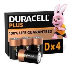 Duracell Plus D Batteries (4 Pack) - Alkaline 1.5V - 100% Life Guaranteed - Reliability For 0% Plastic Packaging - 10-Year Storage - LR20 MN1300