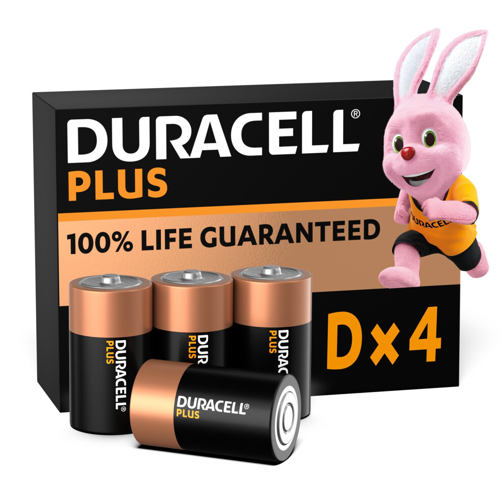 Duracell Plus D Batteries (4 Pack) - Alkaline 1.5V - 100% Life Guaranteed - Reliability For 0% Plastic Packaging - 10-Year Storage - LR20 MN1300