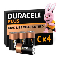 Duracell Plus C Batteries (4 Pack) - Alkaline 1.5V - 100% Life Guaranteed - Reliability For Devices - 0% Plastic Packaging - 10-Year Storage - MN1400