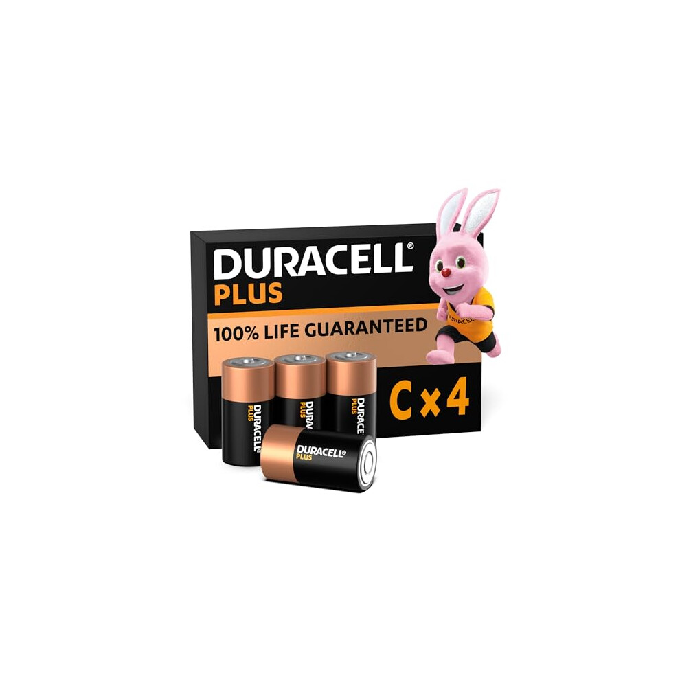 Duracell Plus C Batteries (4 Pack) - Alkaline 1.5V - 100% Life Guaranteed - Reliability For Devices - 0% Plastic Packaging - 10-Year Storage - MN1400