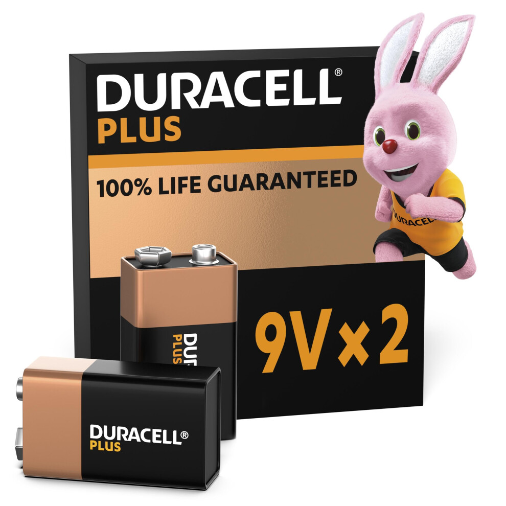 Duracell Plus 9V Batteries (2 Pack) - Alkaline - 100% Life Guaranteed - Reliability For Everyday 0% Plastic Packaging - 5-Year Storage - 6LR61 MN1604