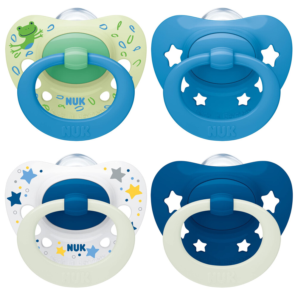 NUK Signature Day & Night Baby Dummy | 18-36 months | Soothes 95% of Babies | Heart-Shaped Silicone Soothers | Glow-in-the-Dark | Stars | 4 Count