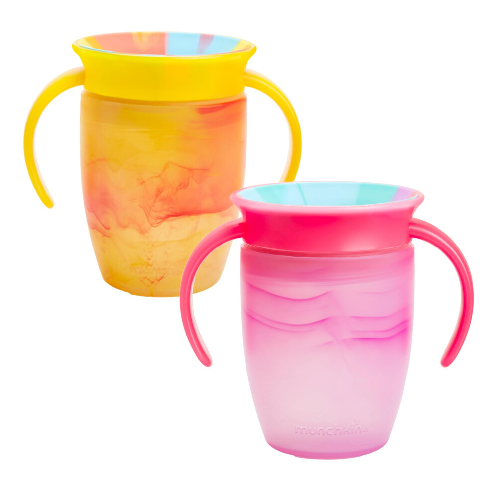 Munchkin Miracle 360 6+ Month 7oz Baby Sippy Cups (2-Pack). Trainer Cup, Spill-Free, Baby Water Bottle with Easy-Grip Handles. (Pink/Yellow)