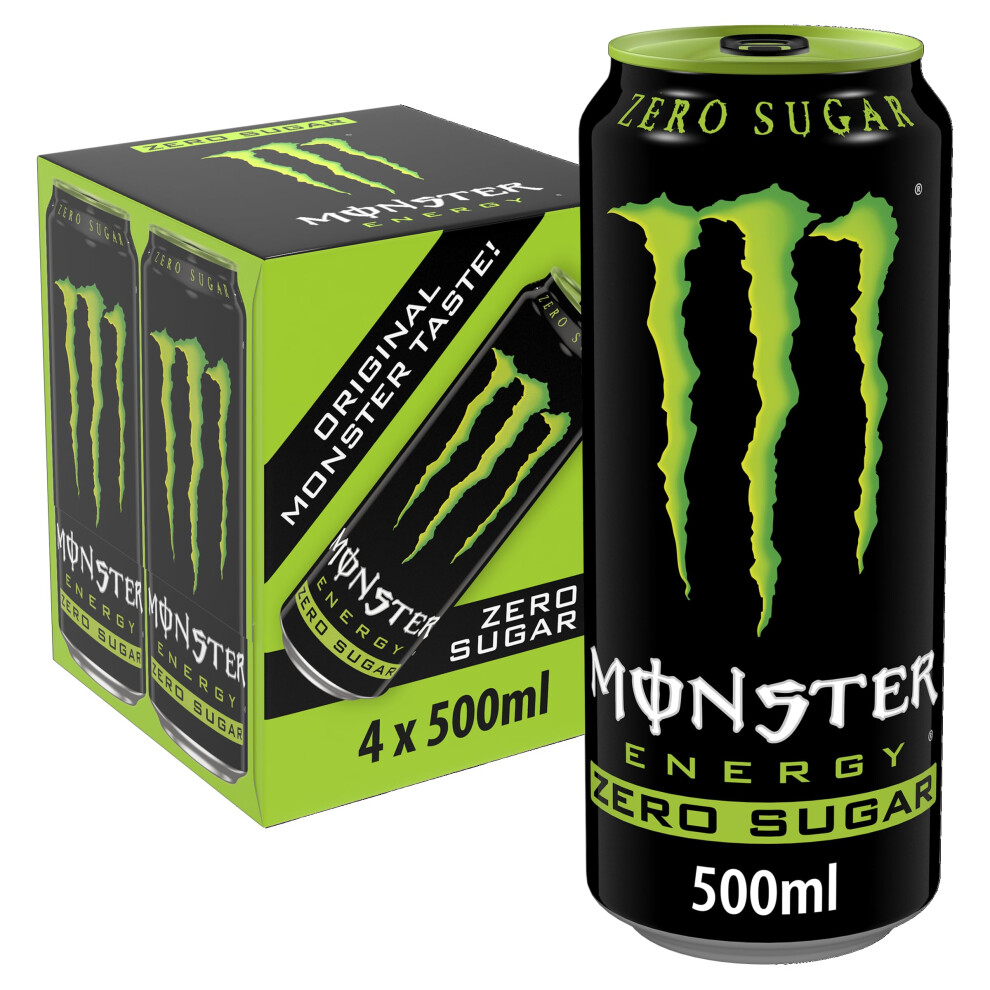 Monster Energy Zero Sugar 4 X 500Ml - Sugar-Free Energy Drink With B Vitamins & Caffeine Green