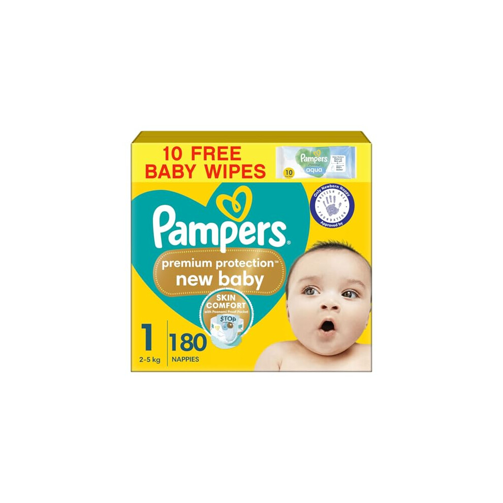 Pampers Premium Protection New Baby Size 1, 180 Nappies, 2kg-5kg, Monthly Pack + Pampers Harmonie Aqua Baby Wipes 10 Count, Packaging May Vary