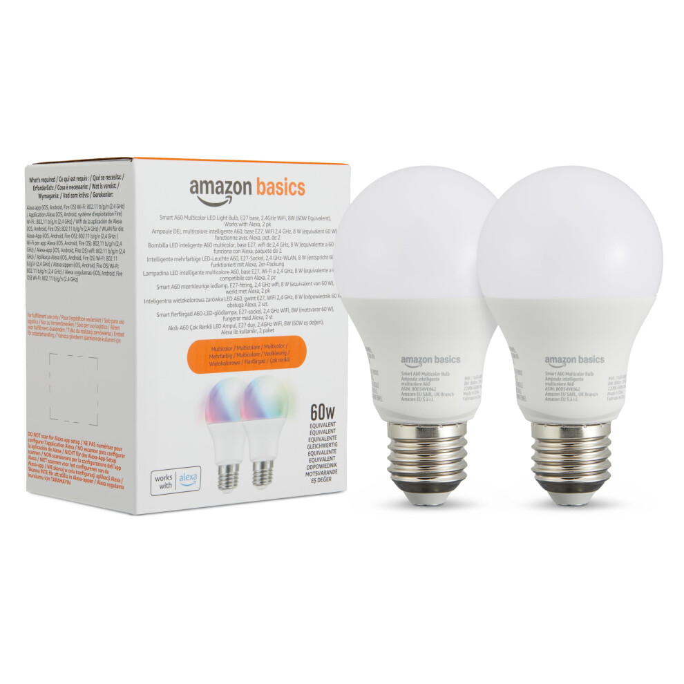 Amazon Basics Smart A60 Multicolor LED Light Bulb, E27 Base, 2.4GHz WiFi, 8W (60W Equivalent), Works with Alexa Only, 2-Pack