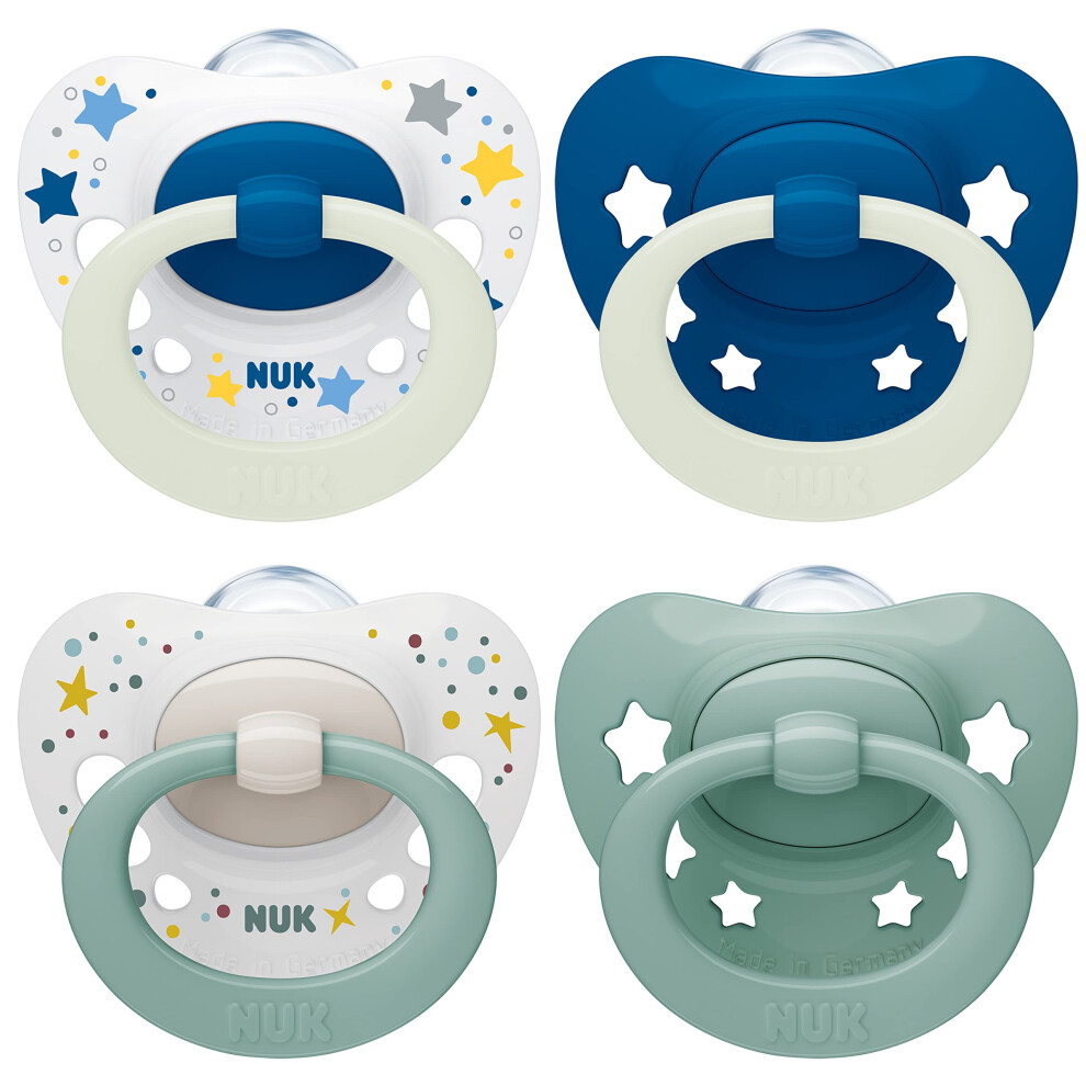 NUK Signature Day & Night Baby Dummy | 0-6 months | Soothes 95% of Babies | Heart-Shaped Silicone Soothers | Glow-in-the-Dark | Stars | 4 Count