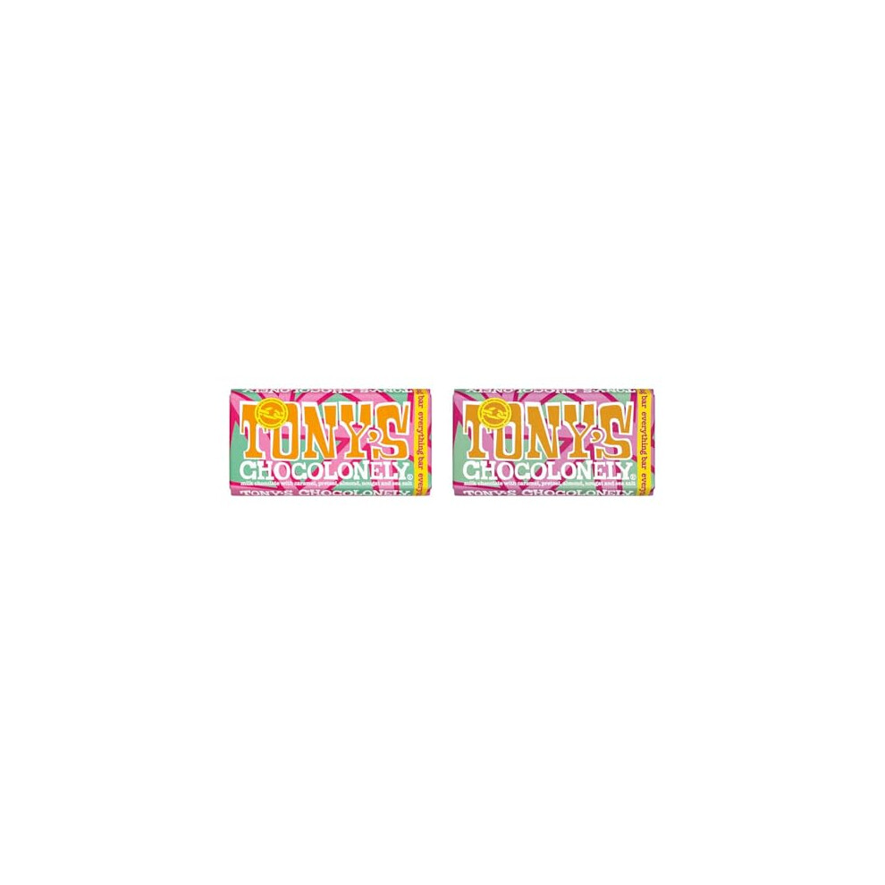 Tony's Chocolonely Everything Bar - Milk Chocolate, Crunchy Caramel, Almonds, Pretzel, Nougat And Sea Salt - 180G, Fairtrade (Pack Of 2)