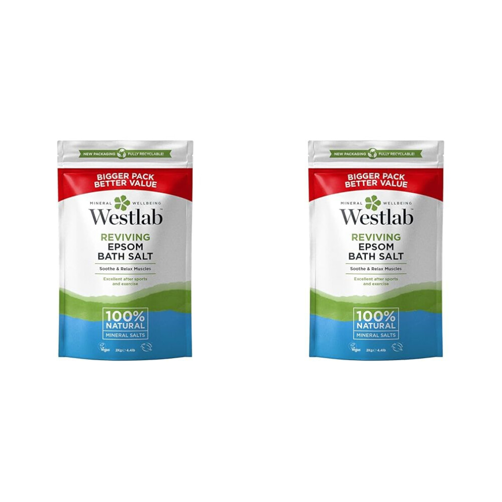 Westlab - Reviving Epsom Salt - 2kg Resealable Pouch - 100% Natural, Pure & Unscented Mineral Salts - Aching Muscles (Packing May Vary). (Pack of 2)