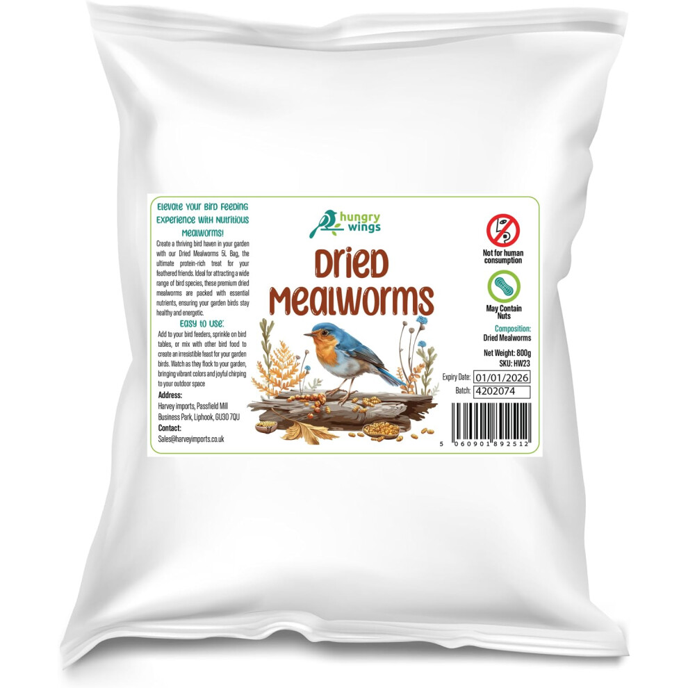 Hungry Wings Premium Wild Bird Food Refill, (5L Bag, Dried Mealworms) 5L