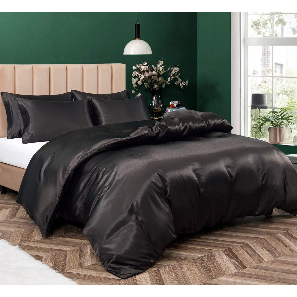 P Pothuiny Parure de lit 5 pi   ces en satin avec housse de couette et taies d'oreiller (taille Queen Size) de luxe soyeuse noire avec fermeture    c