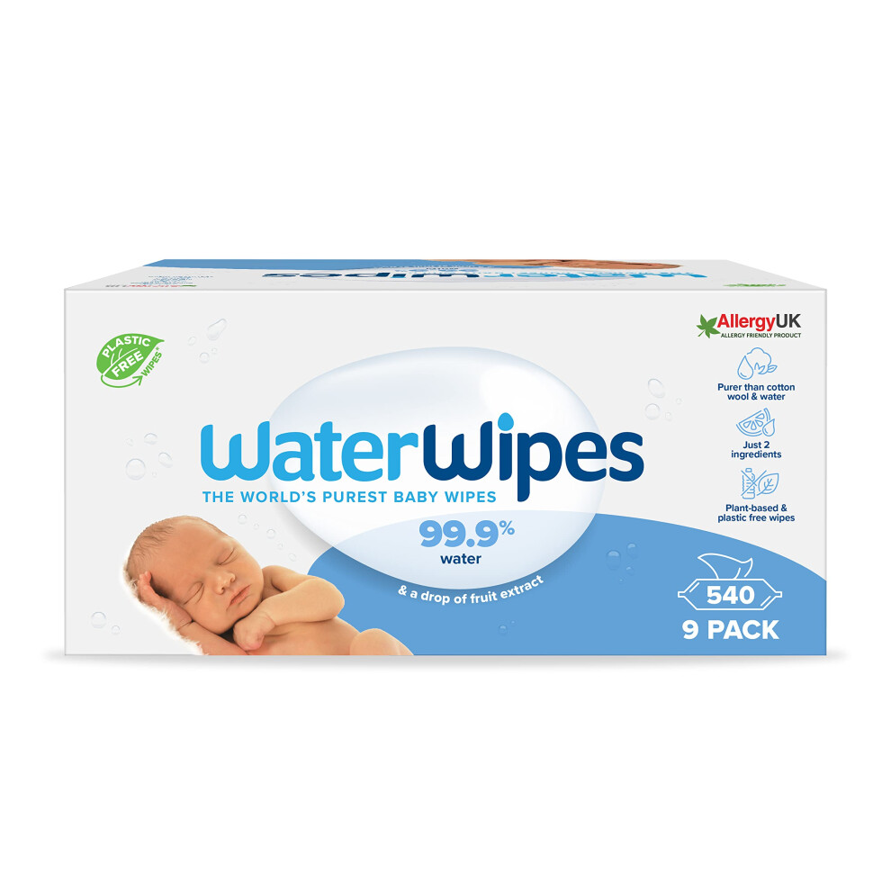 WaterWipes Baby Wipes 9x60 Pack Sensitive Newborn Biodegradable Unscented, 99.9% water (540 Wet Wipes), White (Packaging may vary)