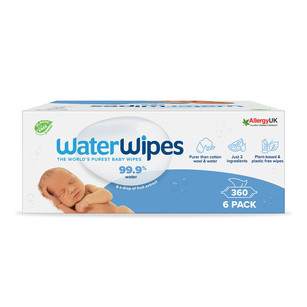 WaterWipes Plastic-Free Original Baby Wipes, 360 Count (6 packs), 99.9% Water Based Wipes, Unscented for Sensitive Skin