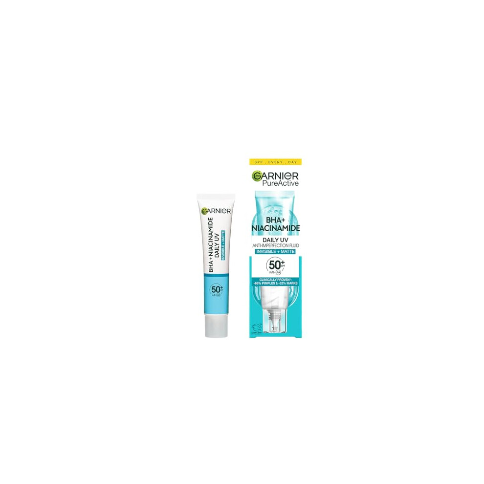 Garnier Sunscreen, With SPF50, Anti Imperfection Fluid, Prevents & Corrects Sun Damage, Invisible and Pure Active BHA + Niacinamide Daily UV, 40ml