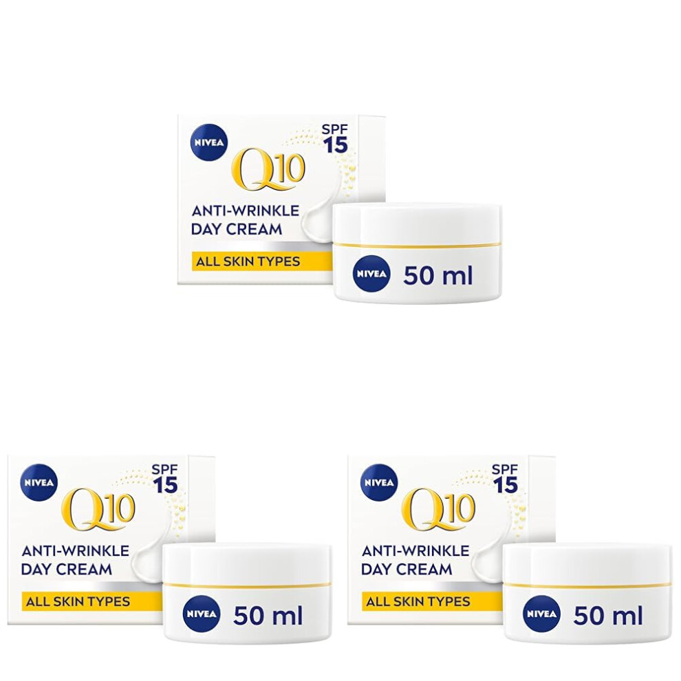 NIVEA Q10 Anti-Wrinkle Power Firming Day Cream SPF 15 (50ml), Anti-Wrinkle Face Cream Identical Q10 and Creatine, Face Cream for Wrinkles (Pack of 3)