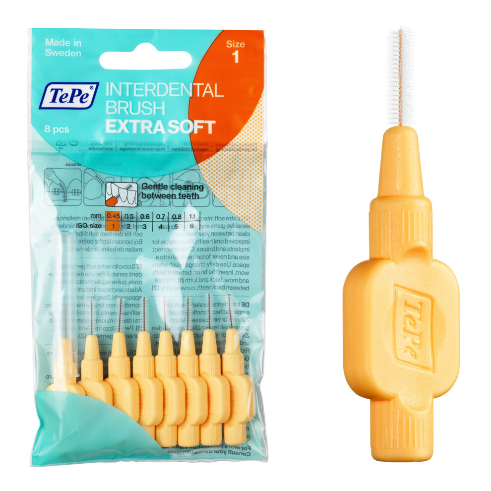 TePe Interdental Brush, Extra Soft, Orange, 0.45mm/ISO 1, 8pcs, Teeth Cleaning Plaque Removal, efficient Clean Between Teeth, for Narrow Gaps