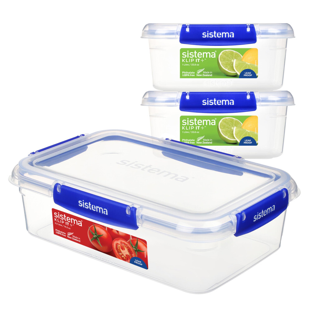 Sistema KLIP IT PLUS Leakproof Food Storage Containers | 2 x 1L & 2.2 L | Meal Prep Containers with Lids | School Lunch Boxes | BPA-Free | 3 Count