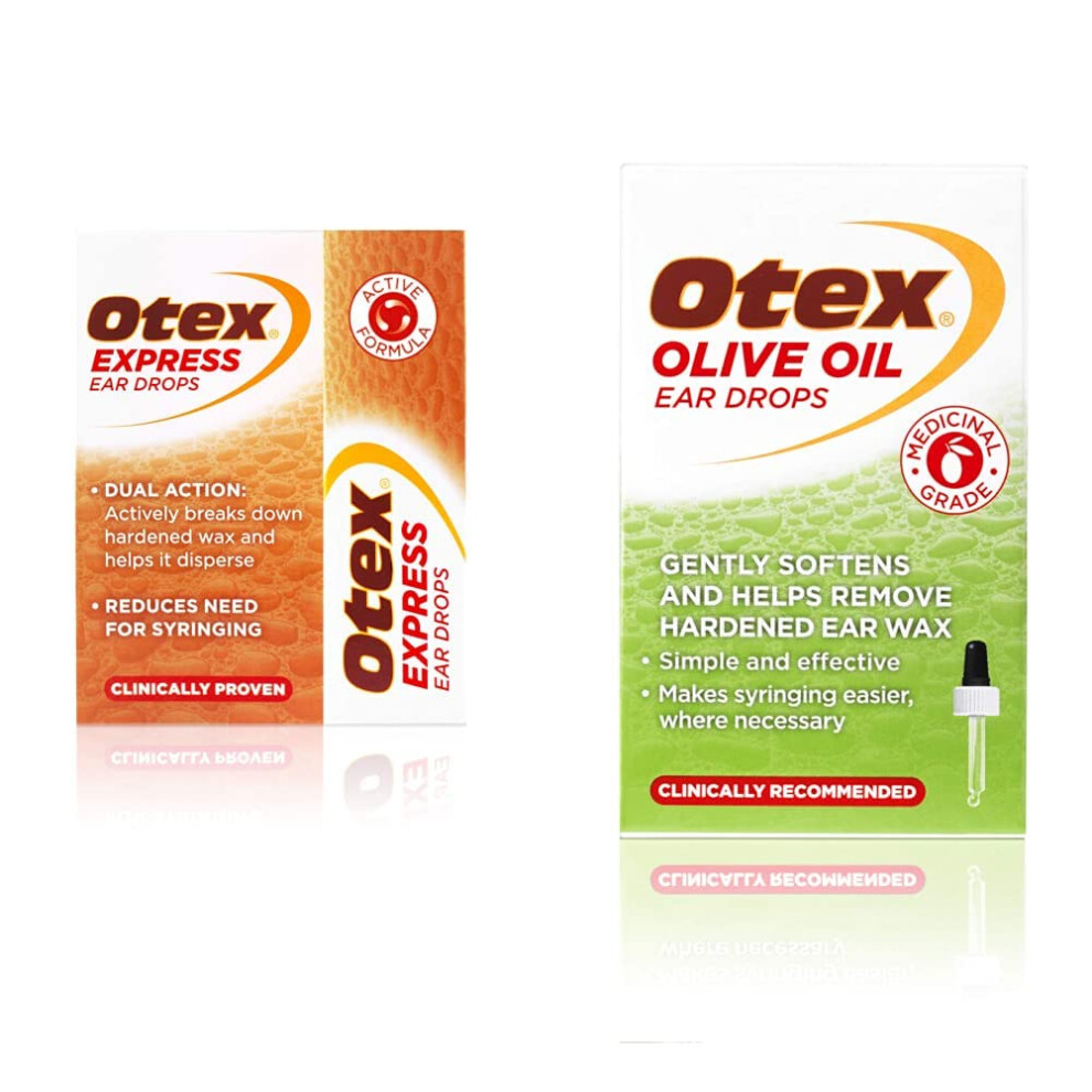 Otex Express Ear Drops, 10Ml & Olive Oil Ear Drops, 10Ml. For The Effective Removal Of Excessive, Hardened Ear Wax.