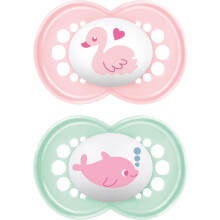 MAM Original Pure Soother 16+ Months (Twin Pack) - SkinSoft Silicone, Flat Teat, Self-Sterilising Case, Carbon-Neutral, Pink (Designs May Vary)