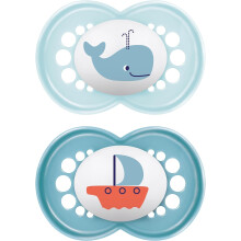 MAM Original Soother 16+ Months (Set of 2), Baby Soother Made from Sustainable SkinSoft Silicone Teat, with MAM Soother Case, Blue (Designs May Vary)