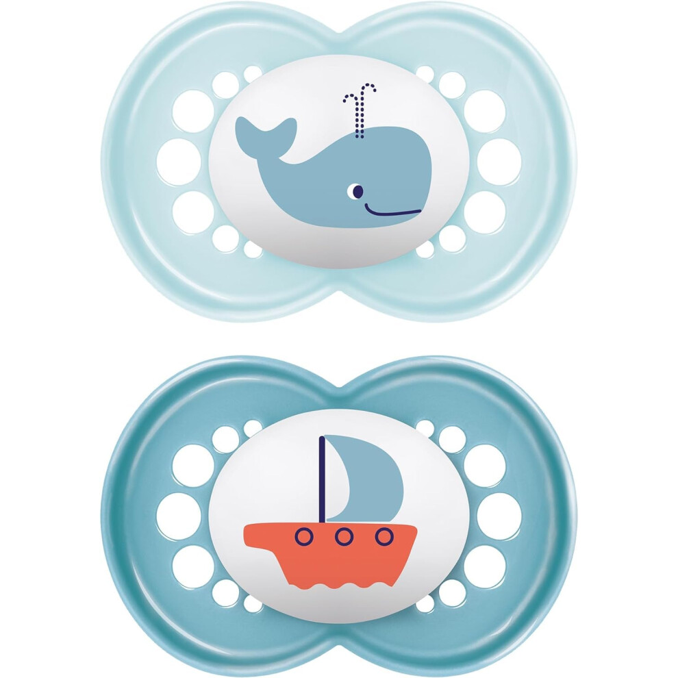MAM Original Soother 16+ Months (Set of 2), Baby Soother Made from Sustainable SkinSoft Silicone Teat, with MAM Soother Case, Blue (Designs May Vary)