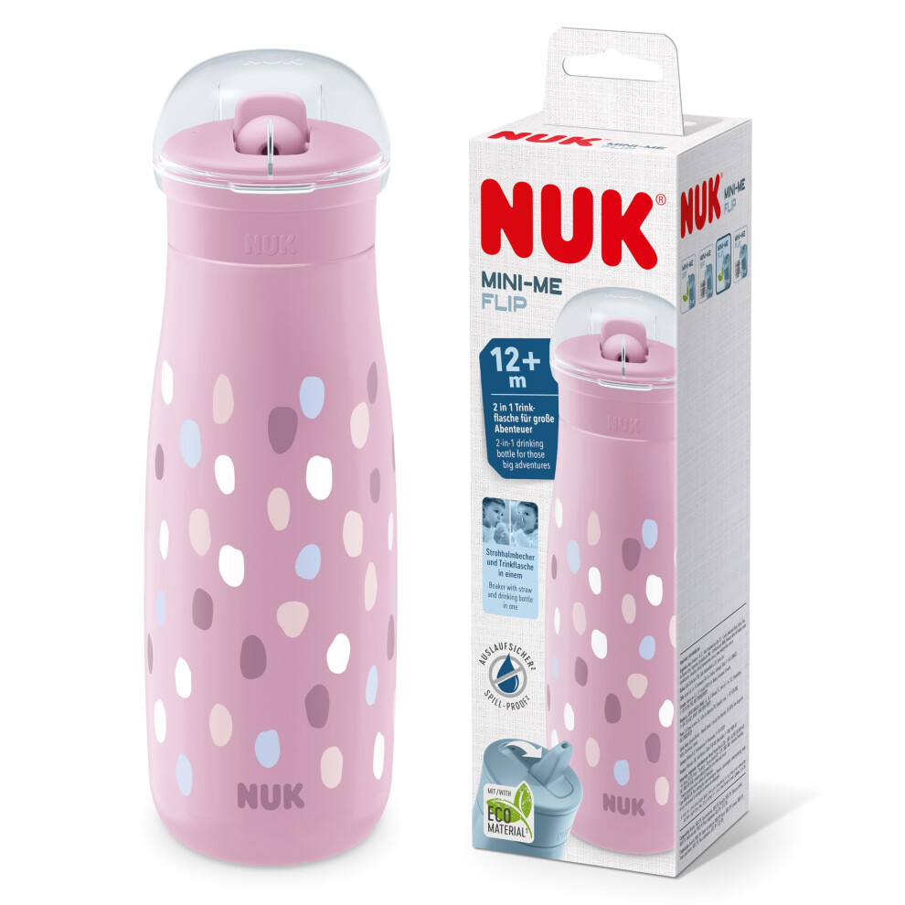 NUK Mini-Me Flip Toddler Cup with Straw | 12+ Months | 450 ml | Kids Water Bottle | Leak-Proof Toughened Spout | Shatter-Proof | Pink Paint Dabs