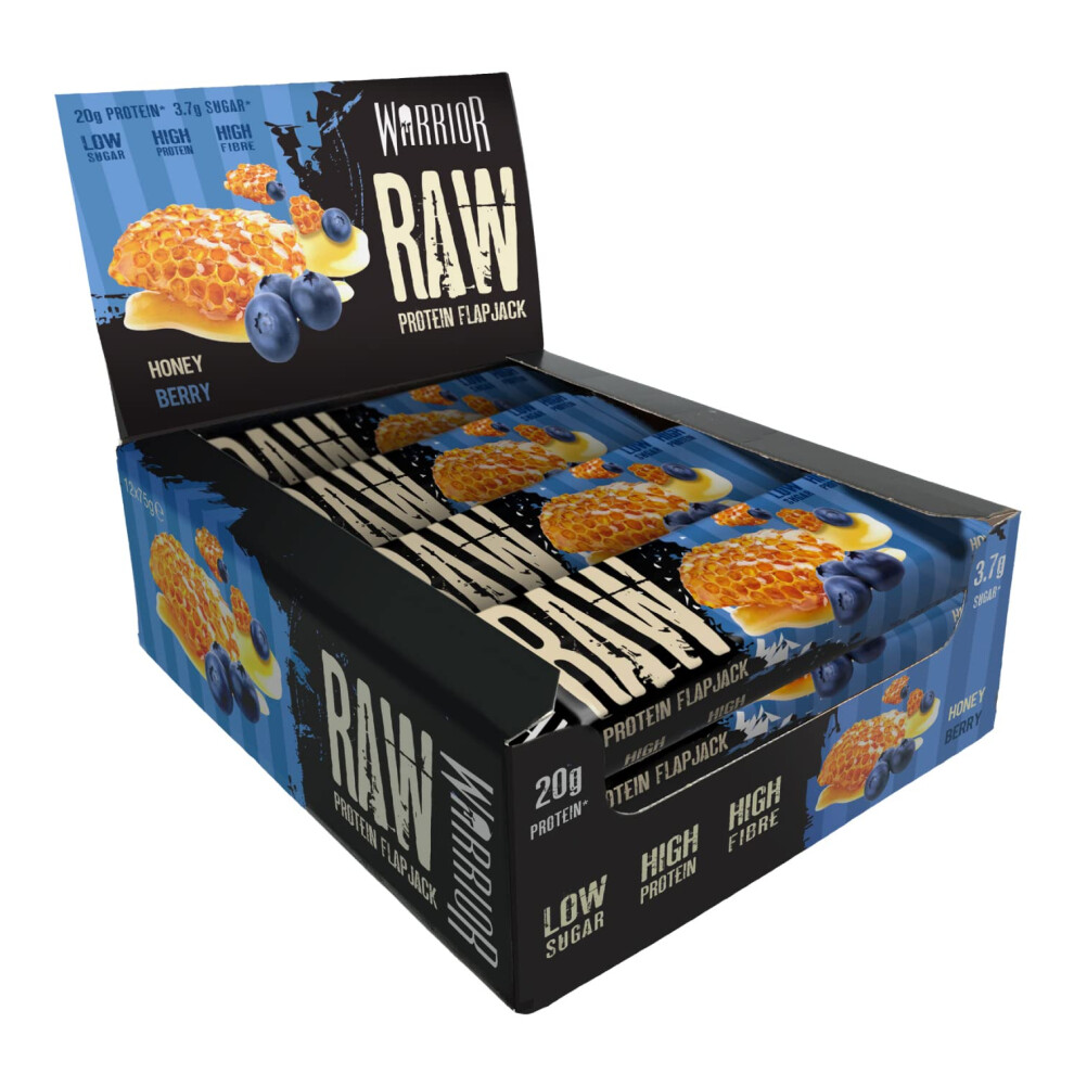 Warrior Raw Protein Flapjacks – 12 Bars x 75g Each – Packed with 20g of Protein – Low Sugar, High in Fibre (Honey Berry)