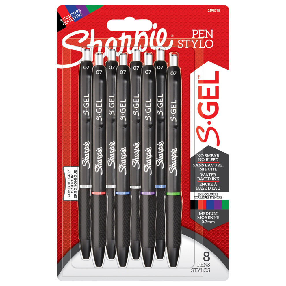 Sharpie S-Gel | Gel Pens | Medium Point (0.7mm) | Assorted Ink Colours | 8 Count