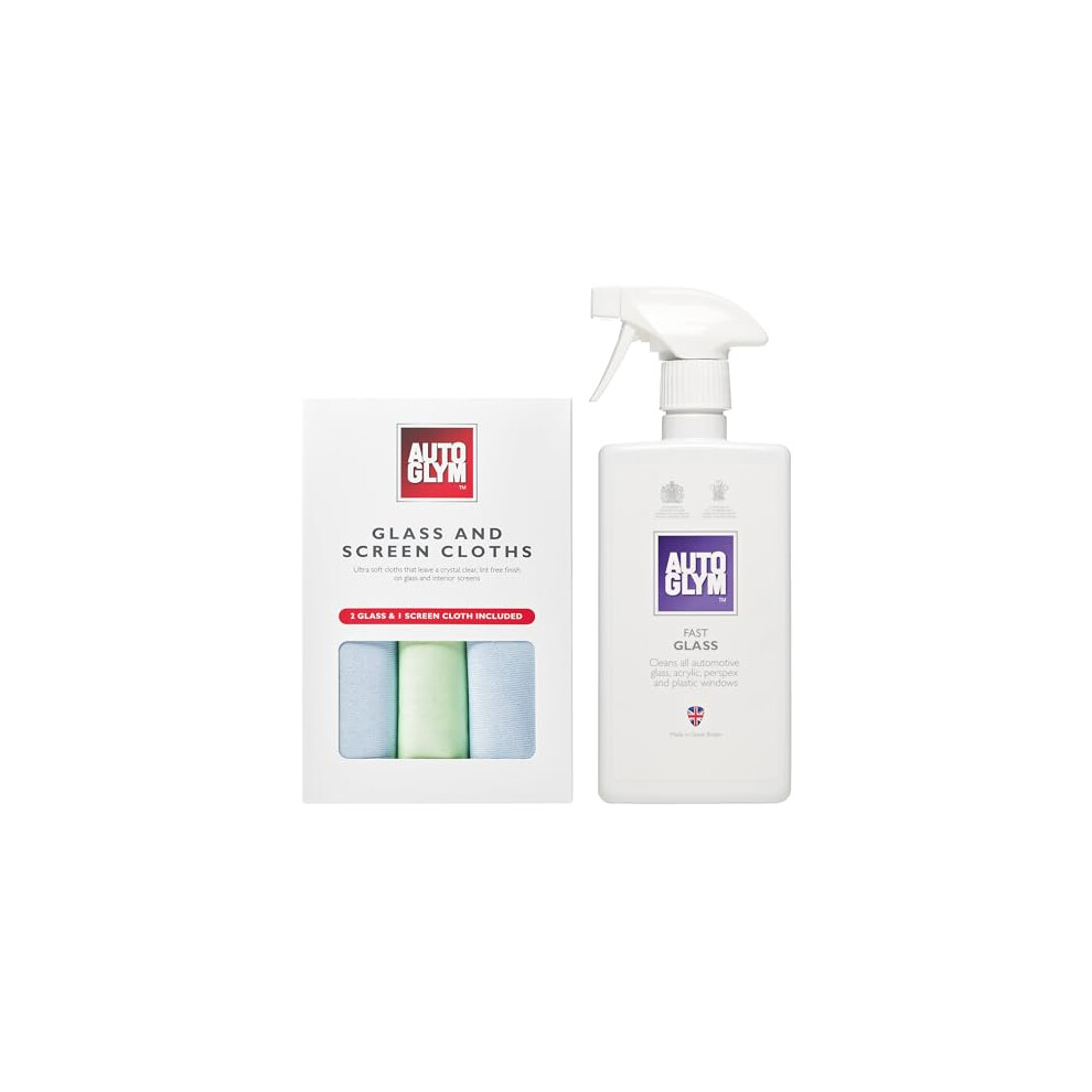 Autoglym Fast Glass, 500 + Autoglym Glass and Screen 3x Lint Free Glass For Exterior & Interior Glass & Screens, Soft Microfibre, Car Window Cloths