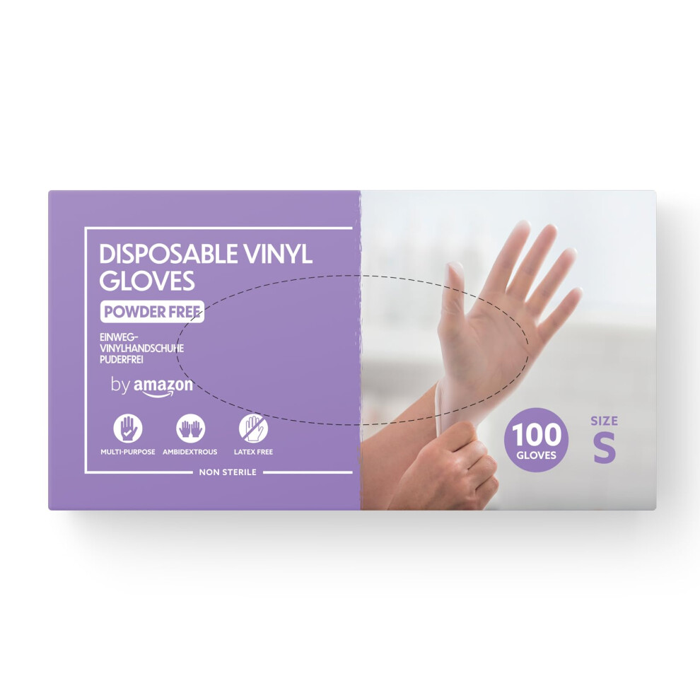 By Amazon - Disposable Vinyl Gloves, Size S, Pack Of 100, Transparent