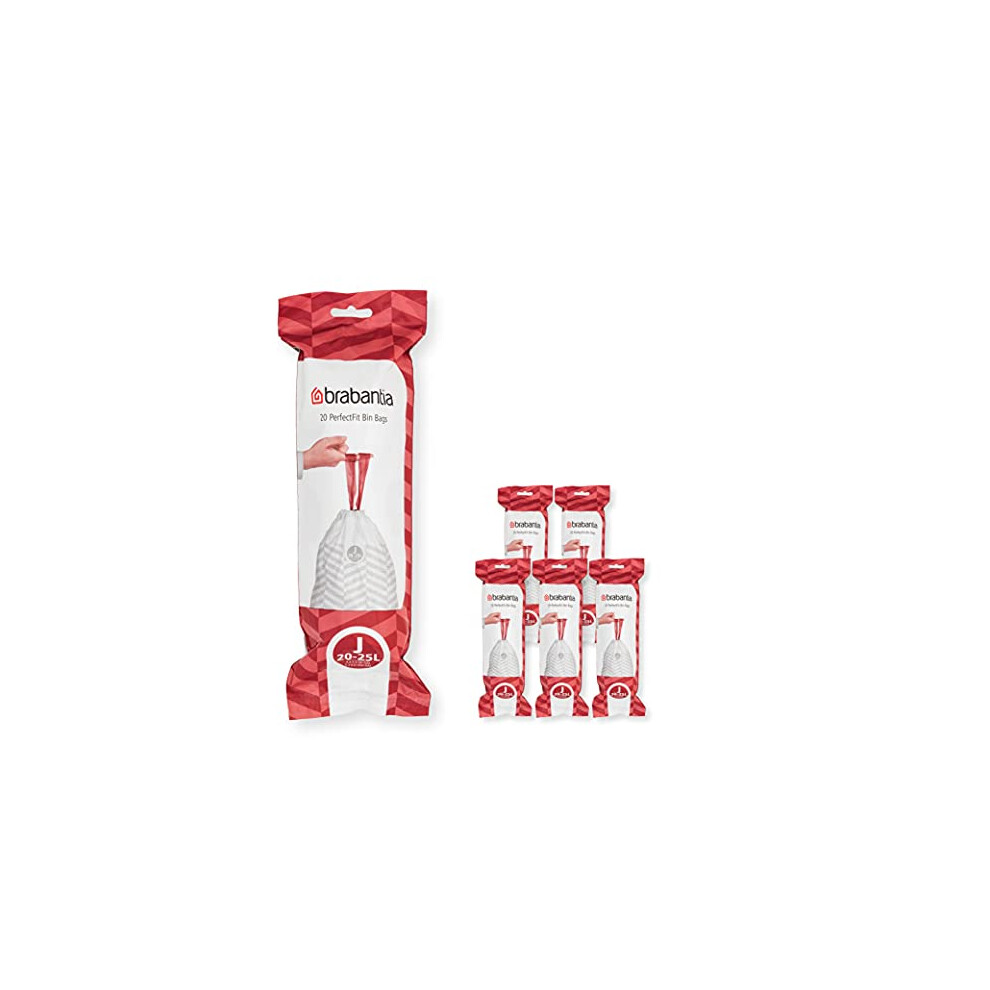 Brabantia 138362 PerfectFit Bin Liners Multipack (Size J/20-25 Litre) Thick Plastic Trash Bags with Tie Tape Drawstring Handles (120 Bags), White
