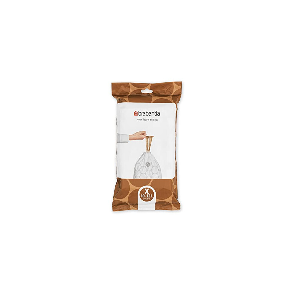Brabantia 138041 PerfectFit Bin Liners (Size X/10-12 Litre) Thick Plastic Trash Bags with Tie Tape Drawstring Handles (40 Bags), White