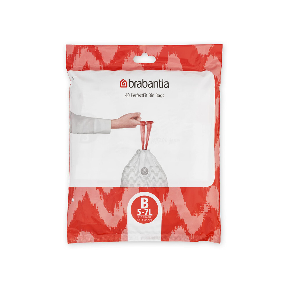 Brabantia PerfectFit Bin Liners (Size B/5 Litre) Thick Plastic Trash Bags with Tie Tape Drawstring Handles (40 Bags),White,137747