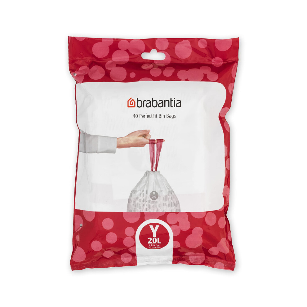 Brabantia 138263 PerfectFit Bin Liners (Size Y/20 Litre) Thick Plastic Trash Bags with Tie Tape Drawstring Handles (40 Bags), White